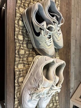 2 Nike Men White and Light Gray Sneakers with Navy Swoosh